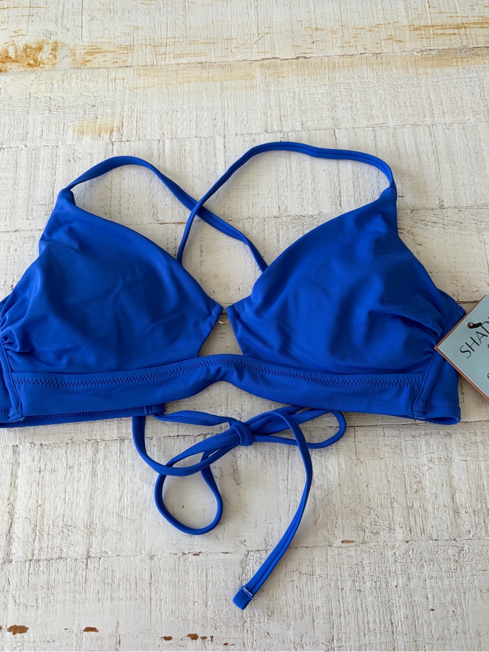 Shade & Shore NWT size 36B Blue Underwire Bikini Top Tie Back Criss Cross